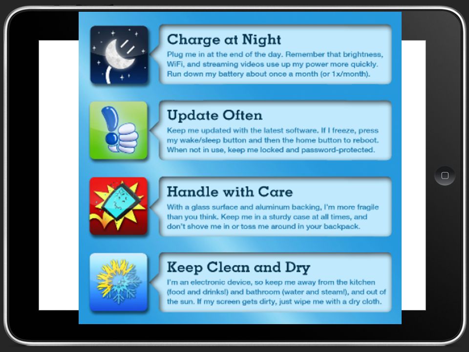 Warnings If you look at inappropriate material (even at home!) it will ping the system. Do not sync your school iPad with a personal cloud.