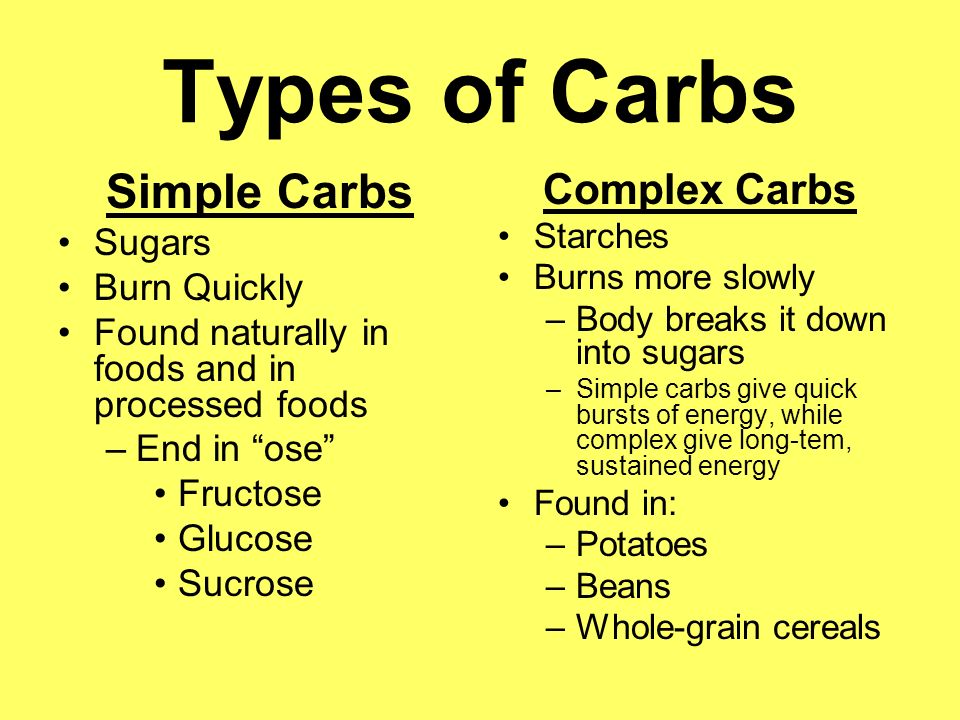 Types of Carbs Simple Carbs Complex Carbs Sugars Burn Quickly