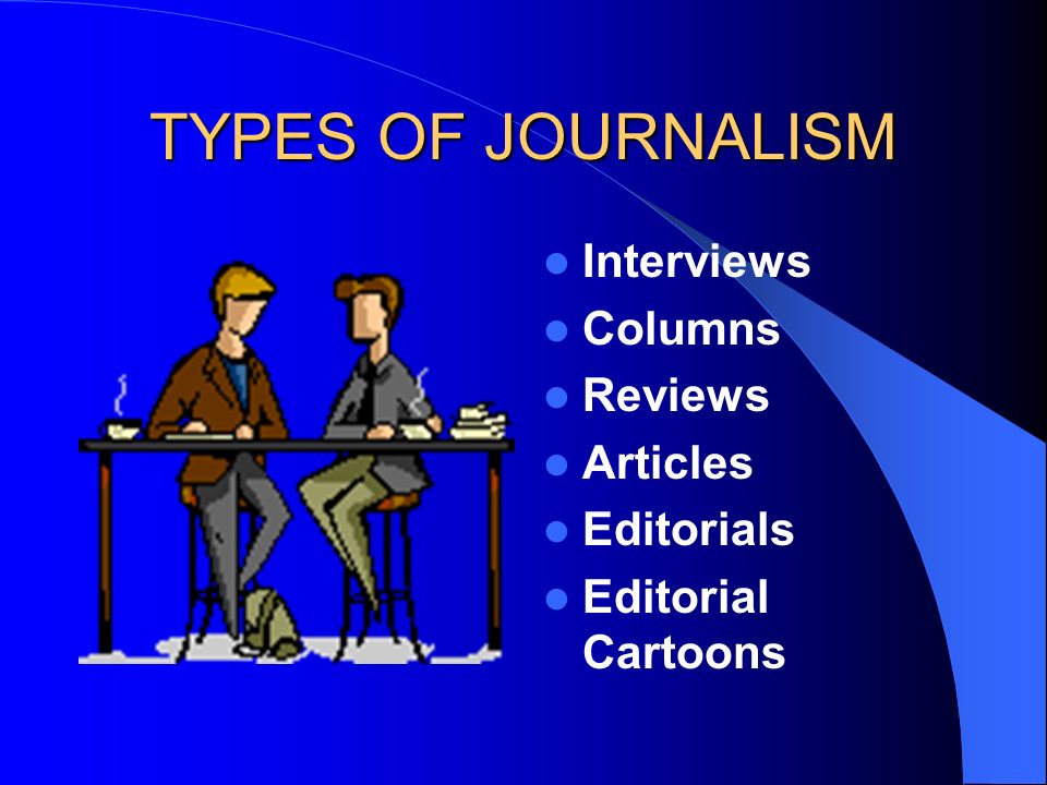 TYPES OF JOURNALISM Interviews Columns Reviews Articles Editorials