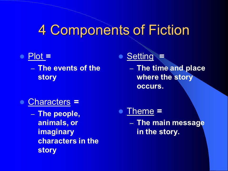 4 Components of Fiction Plot = Characters = Setting = Theme =