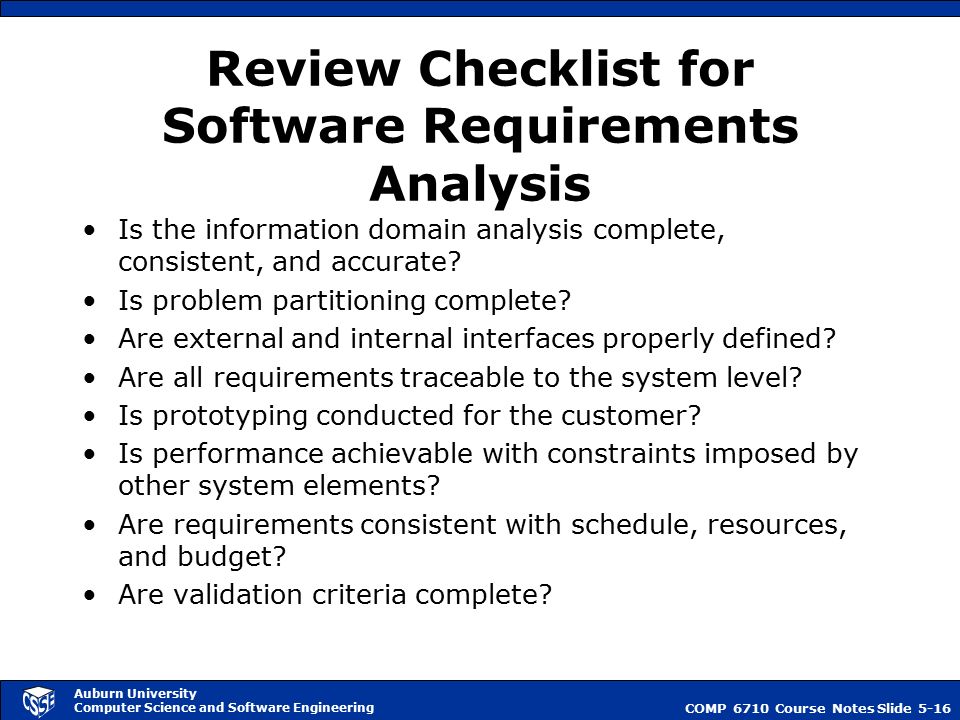 Review Checklist for Software Design (Preliminary Design Review)