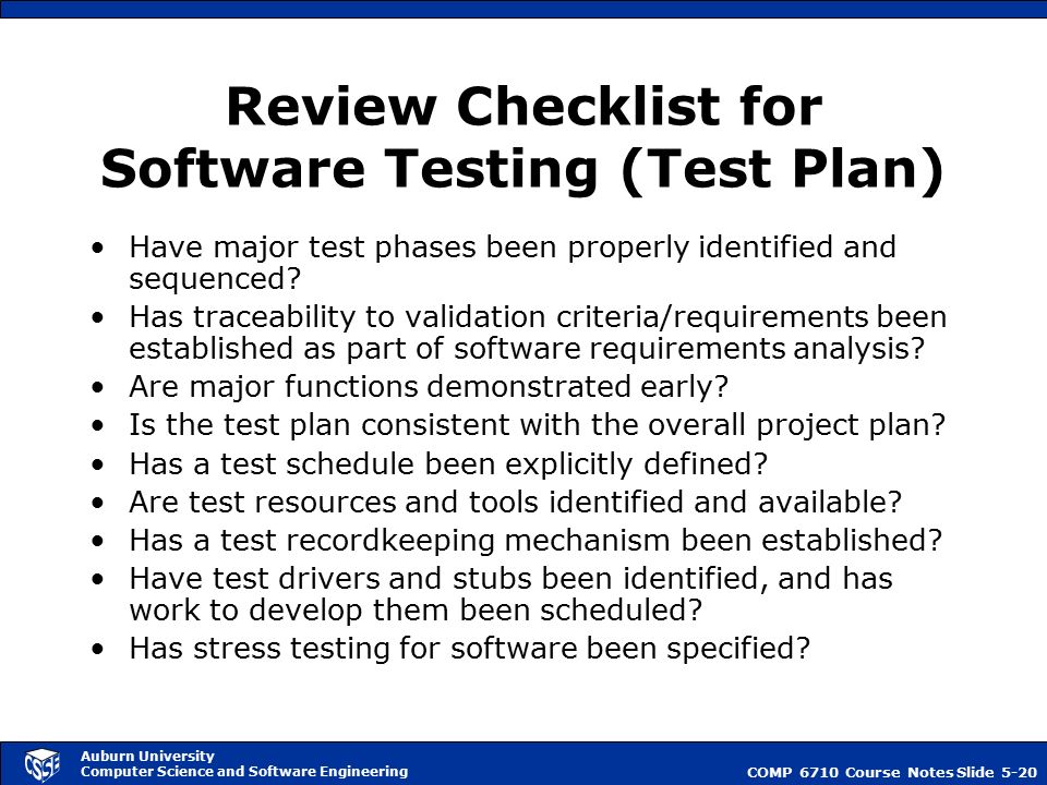 Review Checklist for Software Testing (Test Procedure)