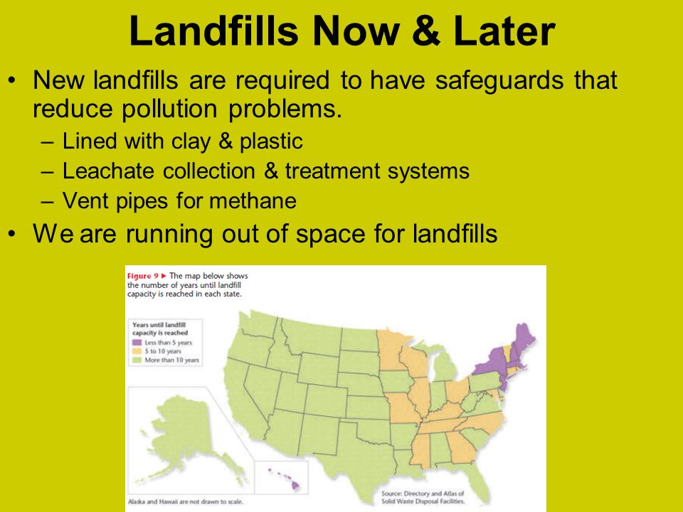 Landfills Now & Later New landfills are required to have safeguards that reduce pollution problems.