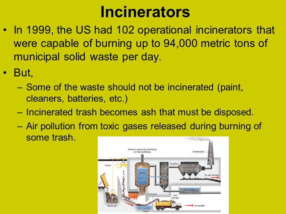 Incinerators In 1999, the US had 102 operational incinerators that were capable of burning up to 94,000 metric tons of municipal solid waste per day.