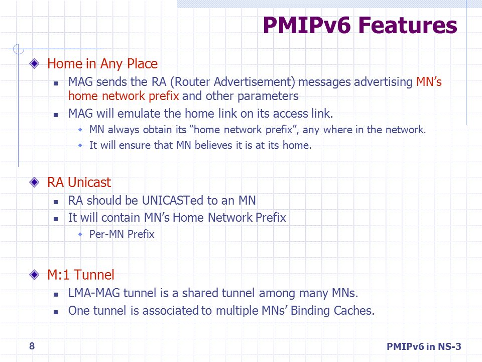 PMIPv6 Features Home in Any Place RA Unicast M:1 Tunnel