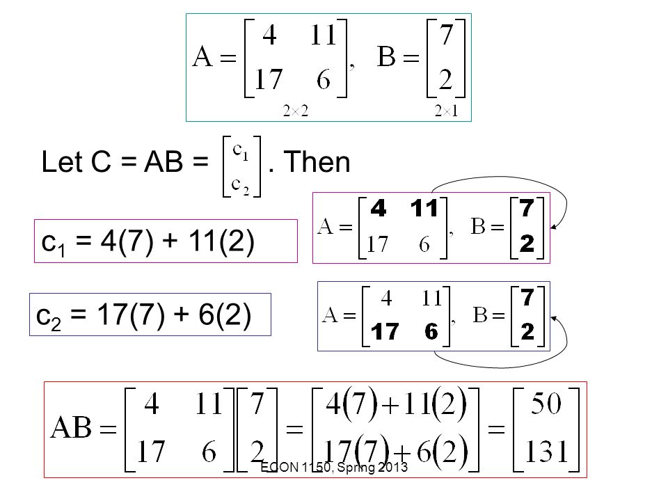 Let C = AB = . Then c1 = 4(7) + 11(2) c2 = 17(7) + 6(2)