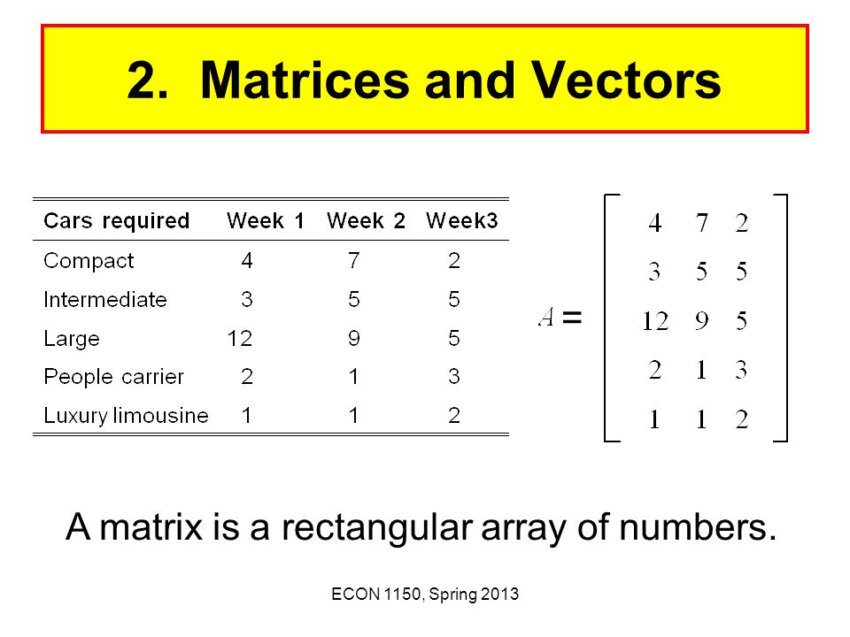 2. Matrices and Vectors = A matrix is a rectangular array of numbers.