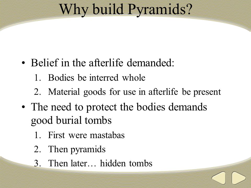 Why build Pyramids Belief in the afterlife demanded: