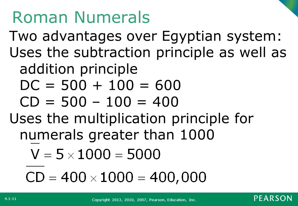 Roman Numerals Two advantages over Egyptian system: