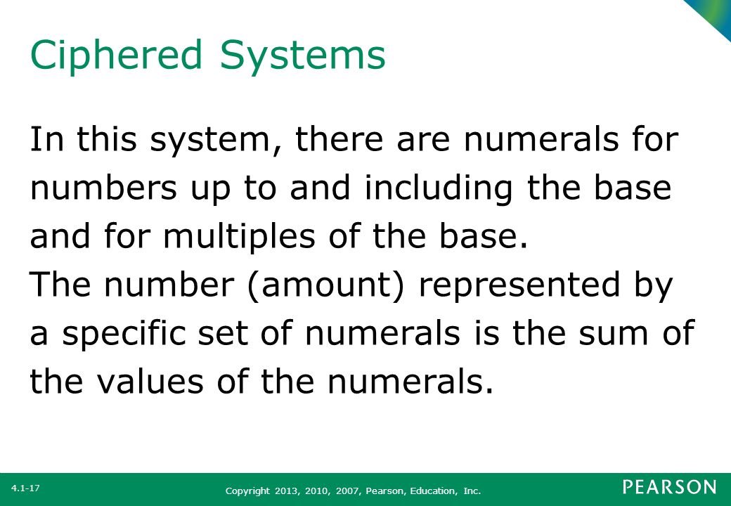 Ciphered Systems In this system, there are numerals for numbers up to and including the base and for multiples of the base.