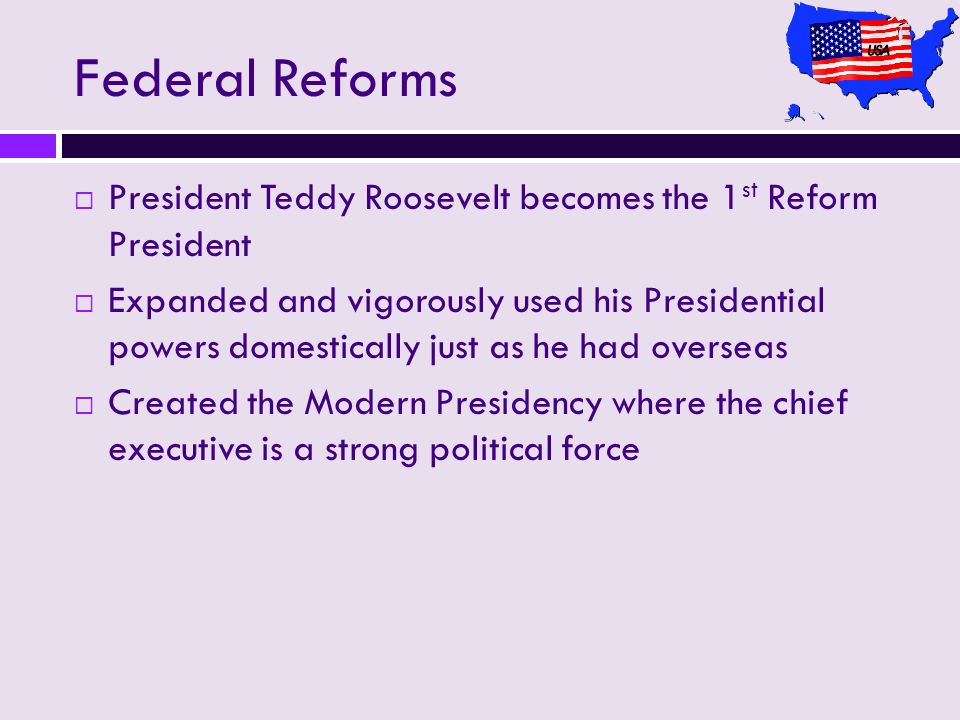 Federal Reforms President Teddy Roosevelt becomes the 1st Reform President.