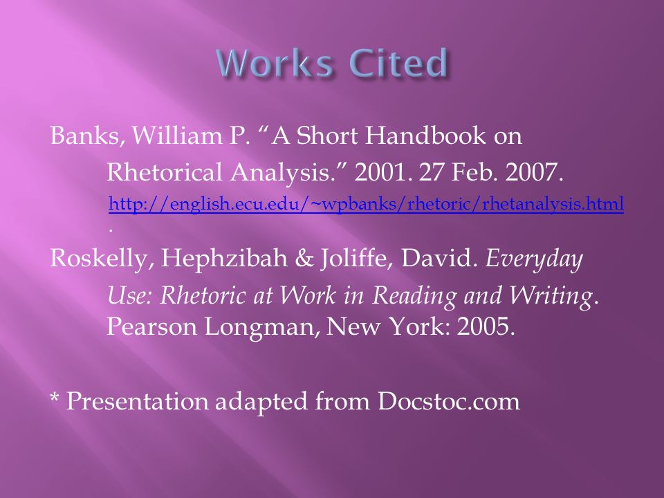 Works Cited Banks, William P. A Short Handbook on