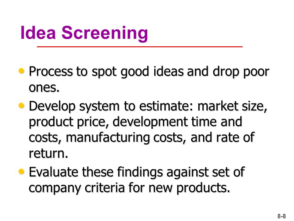 Idea Screening Process to spot good ideas and drop poor ones.