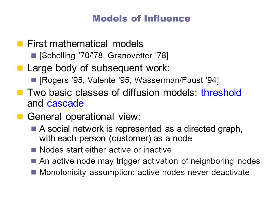 First mathematical models Large body of subsequent work: