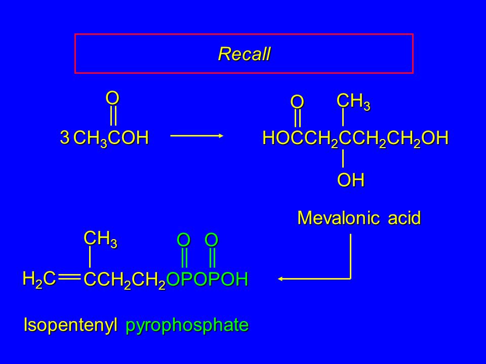 Recall CH3COH. O. HOCCH2CCH2CH2OH. CH3. OH. O. 3. Mevalonic acid. H2C. CCH2CH2OPOPOH. CH3.