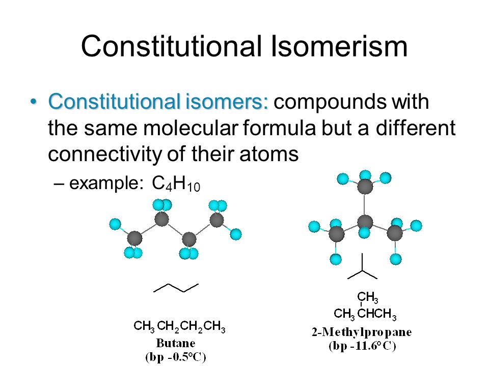 Constitutional isomers: compounds with the same molecular formula but a dif...