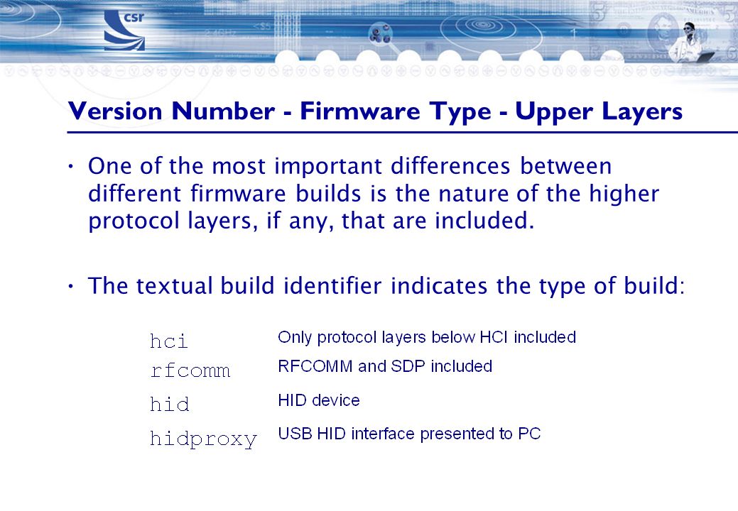 Version Number - Firmware Type - Upper Layers