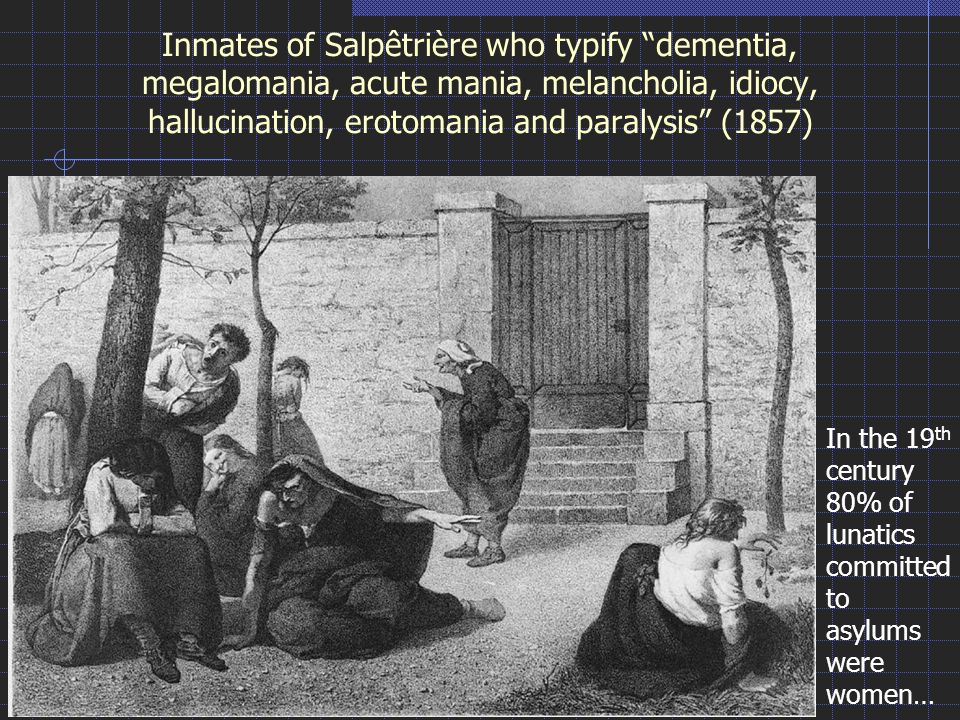 Inmates of Salpêtrière who typify dementia, megalomania, acute mania, melancholia, idiocy, hallucination, erotomania and paralysis (1857)