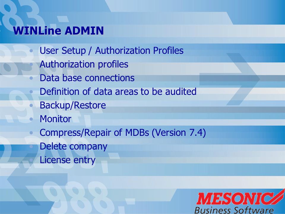 WINLine ADMIN User Setup / Authorization Profiles