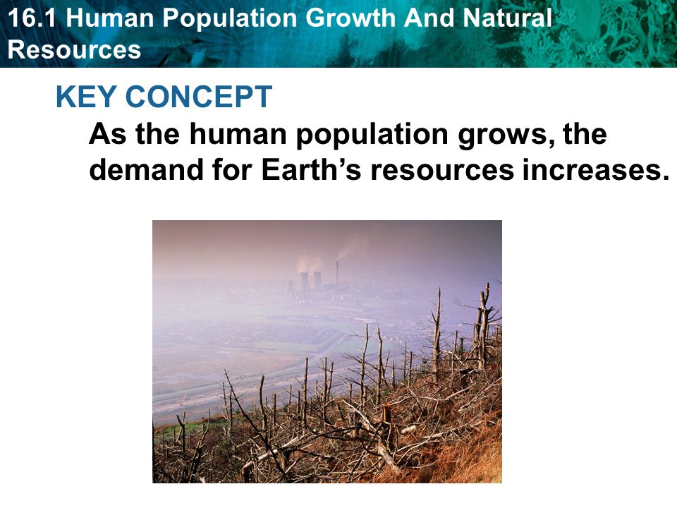 KEY CONCEPT As the human population grows, the demand for Earth’s resources increases.