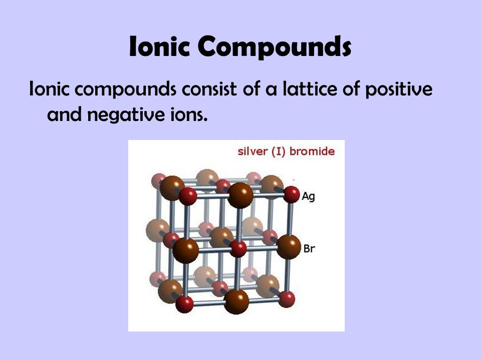 Ionic Compounds Ionic compounds consist of a lattice of positive and negative ions.