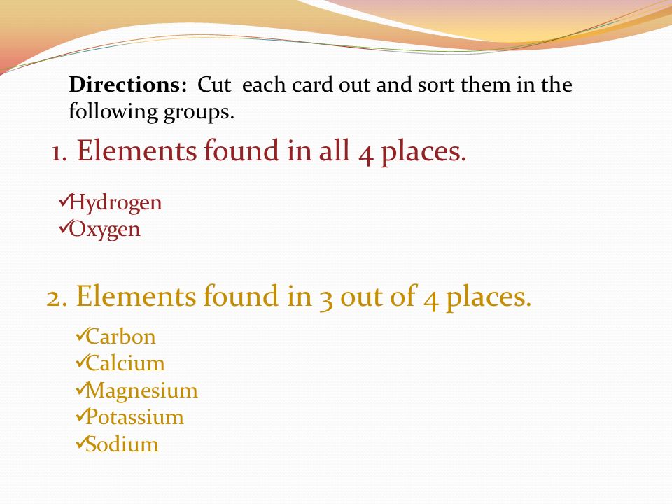 1. Elements found in all 4 places.