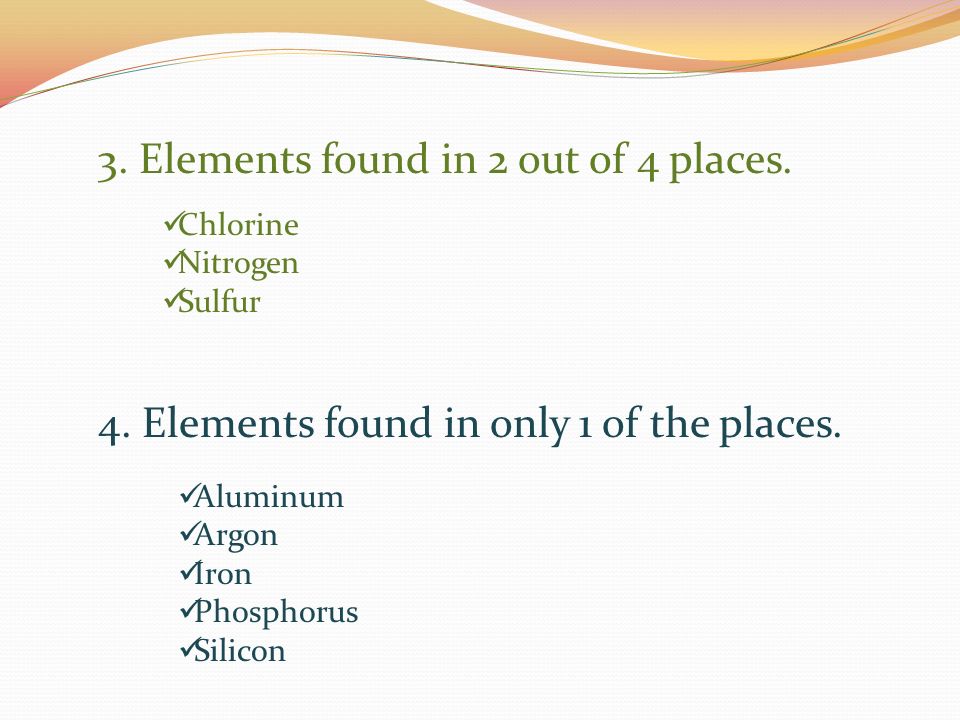 3. Elements found in 2 out of 4 places.