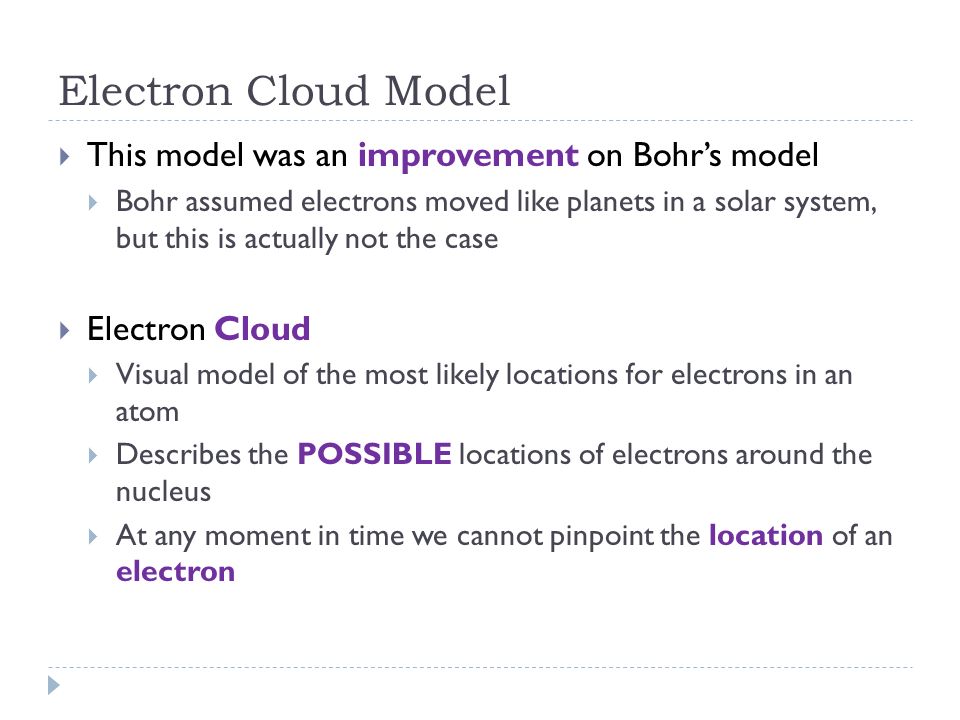 Electron Cloud Model This model was an improvement on Bohr’s model