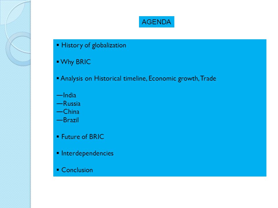 AGENDA History of globalization. Why BRIC. Analysis on Historical timeline, Economic growth, Trade.