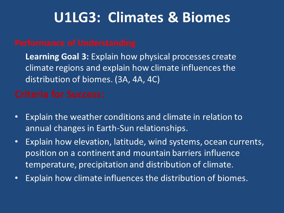 U1LG3: Climates & Biomes Criteria for Success: