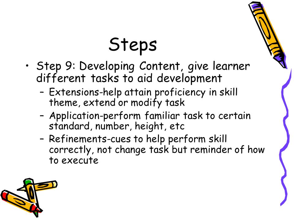 Steps Step 9: Developing Content, give learner different tasks to aid development.
