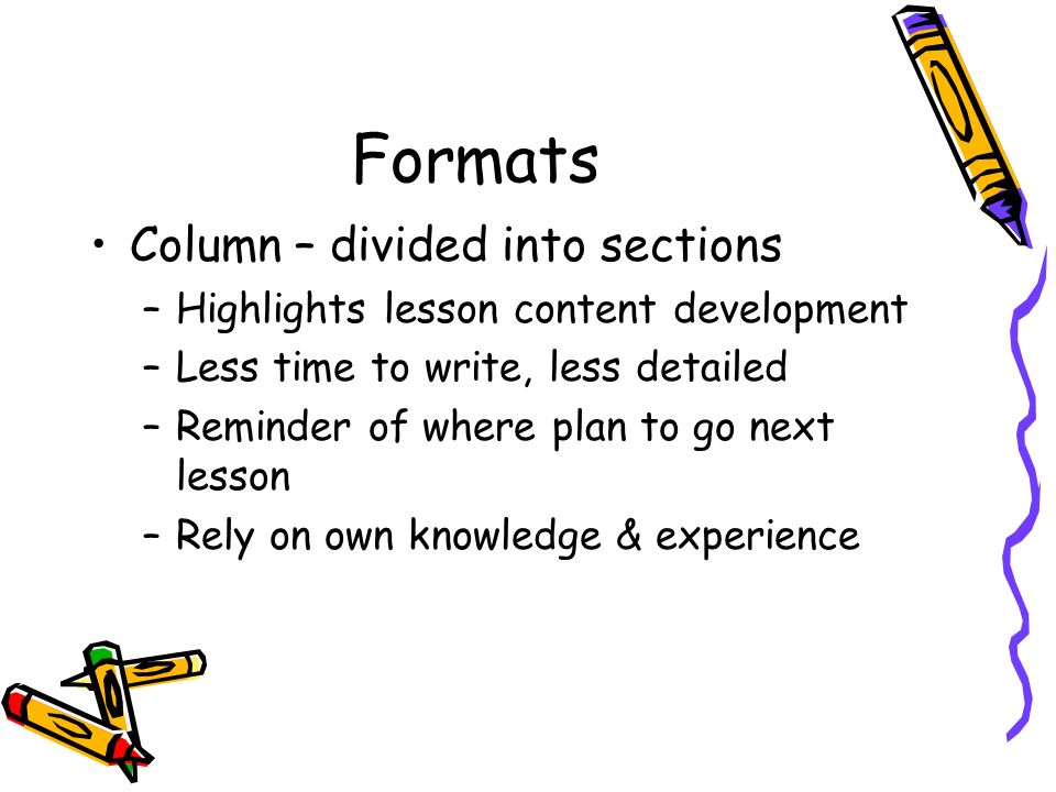 Formats Column – divided into sections