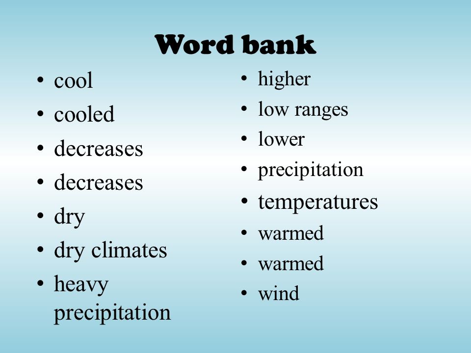Word bank cool cooled decreases temperatures dry dry climates
