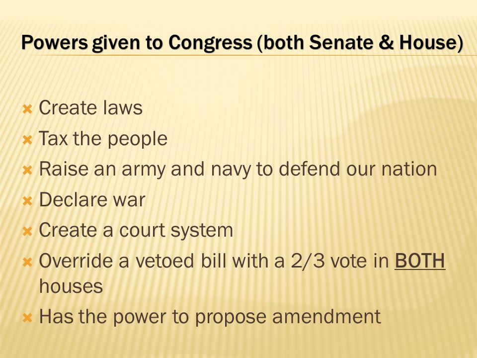 Powers given to Congress (both Senate & House)