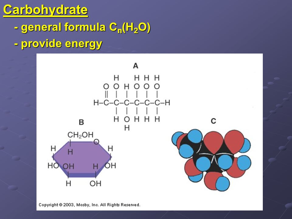 Carbohydrate - general formula Cn(H2O) - provide energy