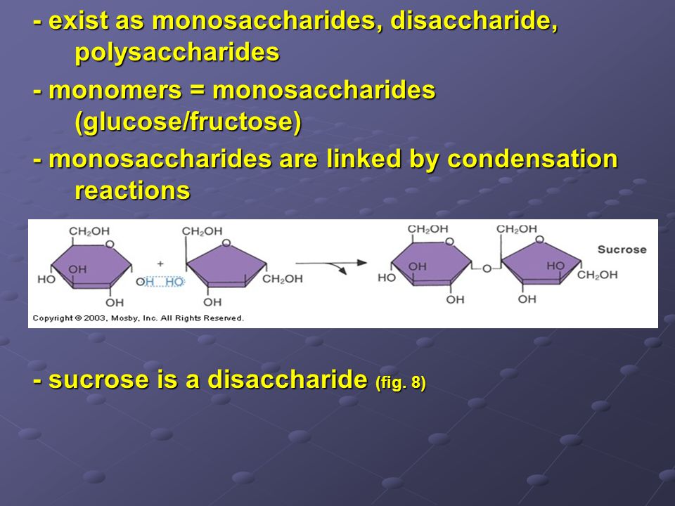 - exist as monosaccharides, disaccharide, polysaccharides