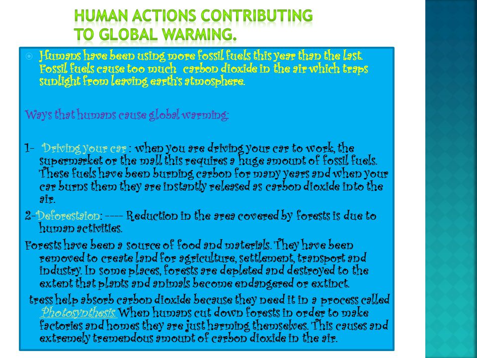 Human actions contributing to global warming.