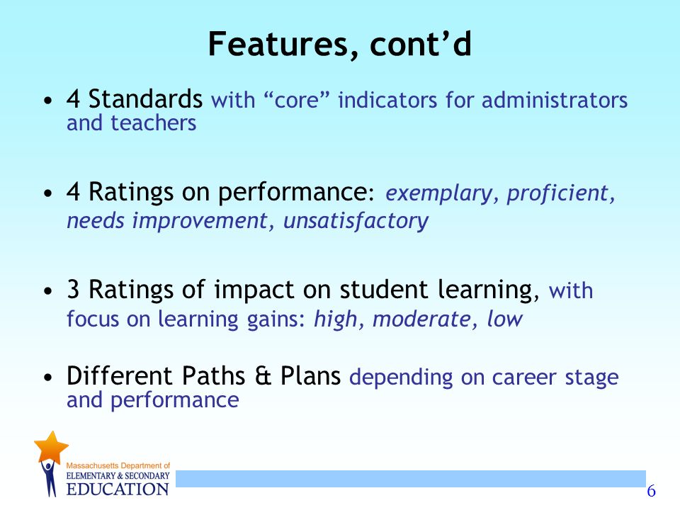 Features, cont’d 4 Standards with core indicators for administrators and teachers.