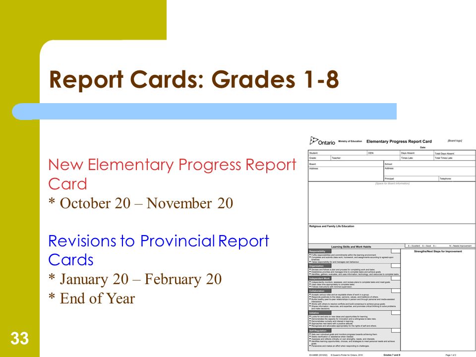 Report Cards: Grades 1-8 New Elementary Progress Report Card