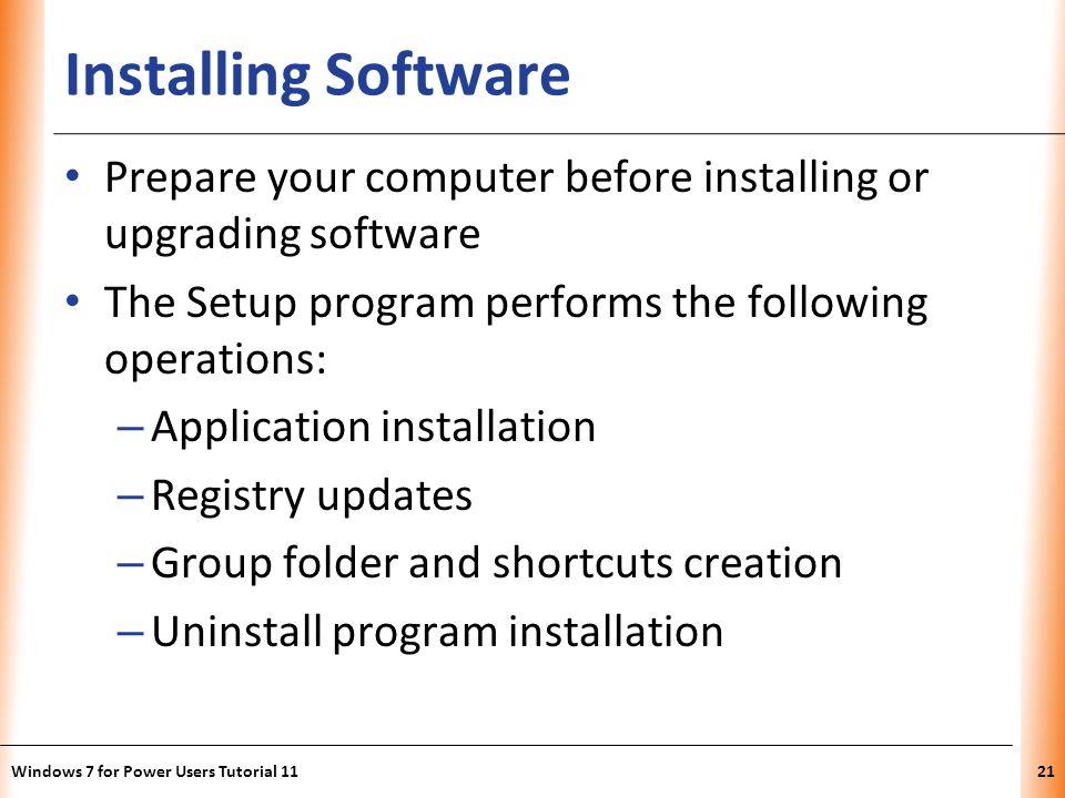 Installing Software Prepare your computer before installing or upgrading software. The Setup program performs the following operations: