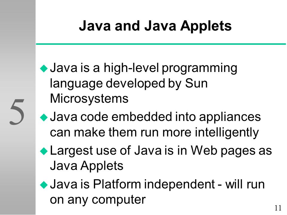 Java and Java Applets Java is a high-level programming language developed by Sun Microsystems.