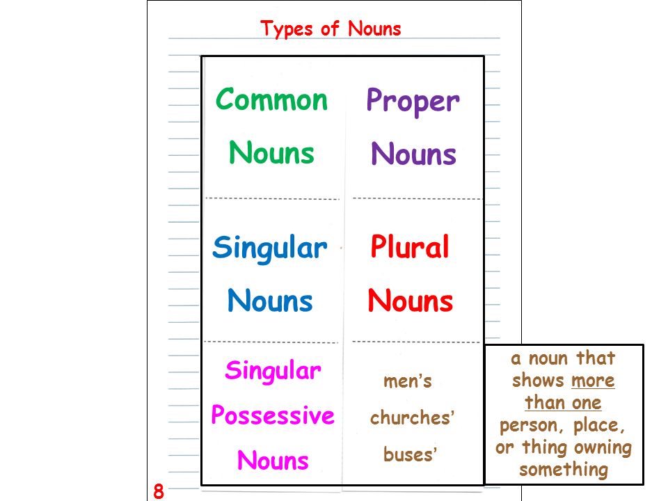 Common Nouns Proper Nouns Singular Nouns Plural Nouns