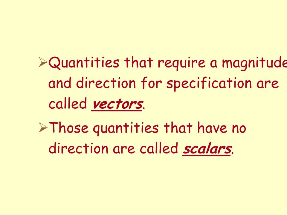 Quantities that require a magnitude and direction for specification are called vectors.