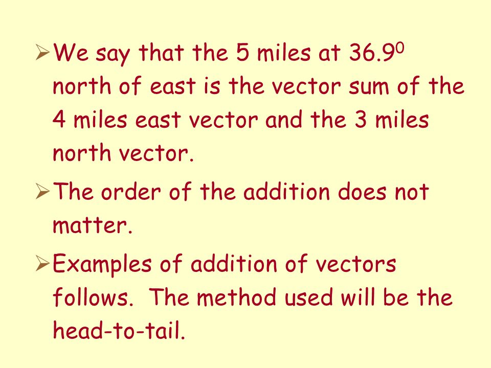 We say that the 5 miles at north of east is the vector sum of the 4 miles east vector and the 3 miles north vector.