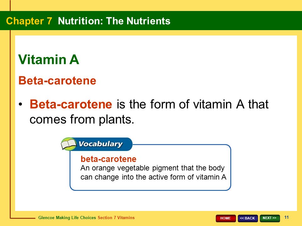 Vitamin A Beta-carotene. Beta-carotene is the form of vitamin A that comes from plants. beta-carotene.