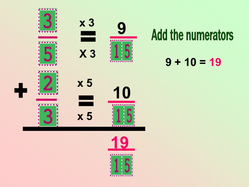x 3 9 Add the numerators = X = 19 x = x 5 19