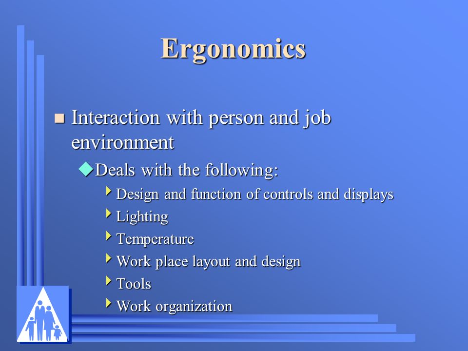 Ergonomics Interaction with person and job environment