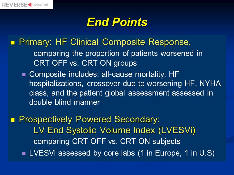 End Points Primary: HF Clinical Composite Response, comparing the proportion of patients worsened in CRT OFF vs. CRT ON groups.