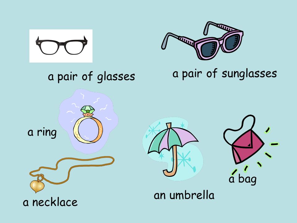 a pair of sunglasses a pair of glasses a ring a bag an umbrella a necklace