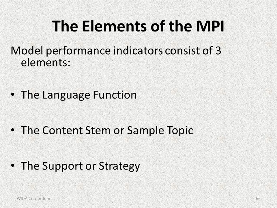 The Elements of the MPI Model performance indicators consist of 3 elements: The Language Function.